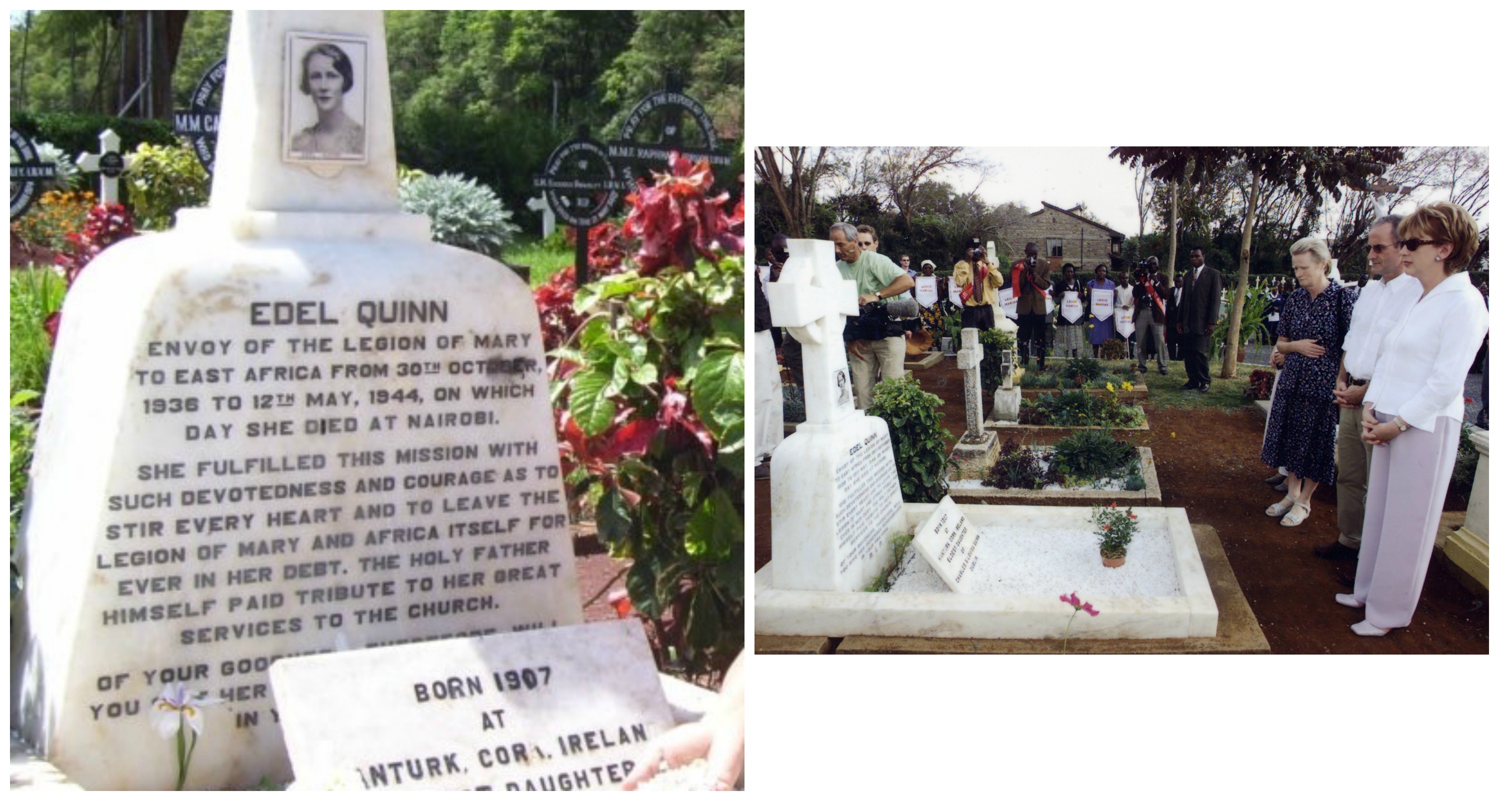 Left: Edel's tombstone in Nairobi, Kenya. Right: President McAleese visiting Edel Quinn's grave in 2001.
